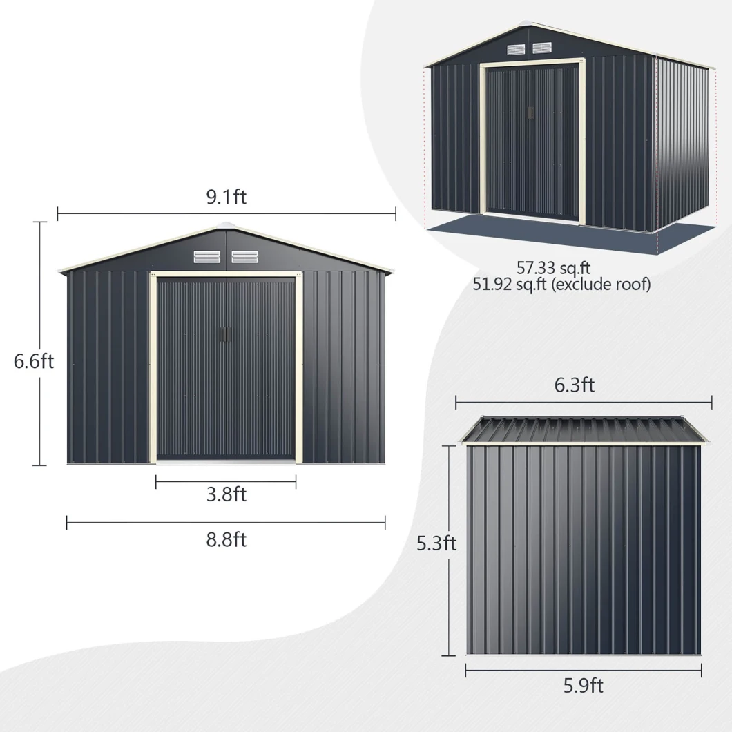 Outdoor Backyard Metal Storage Garden Shed for Utility Tool Storage, Sloped Flat Roof